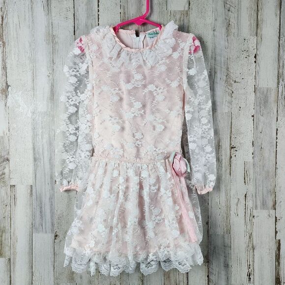 Vintage Lace Ruffled Pink Dress Size 5 - Picture 1 of 10